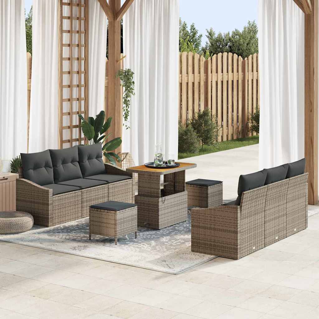 Garten-Sofa-Set mit Kissen 9 pcs Grau Poly Rattan