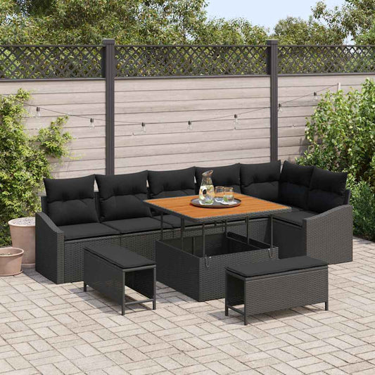 Garten-Sofa-Set mit Kissen 9 pcs Schwarz Poly Rattan