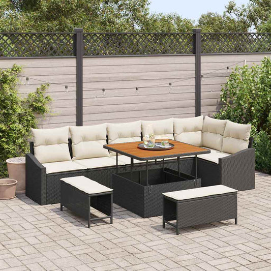 Garten-Sofa-Set mit Kissen 9 pcs Schwarz Poly Rattan