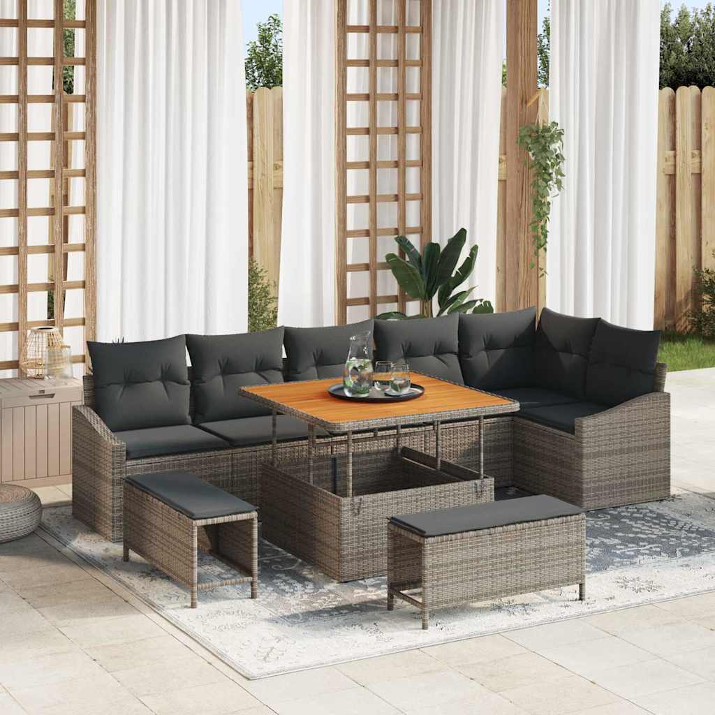 Garten-Sofa-Set mit Kissen 9 pcs Grau Poly Rattan