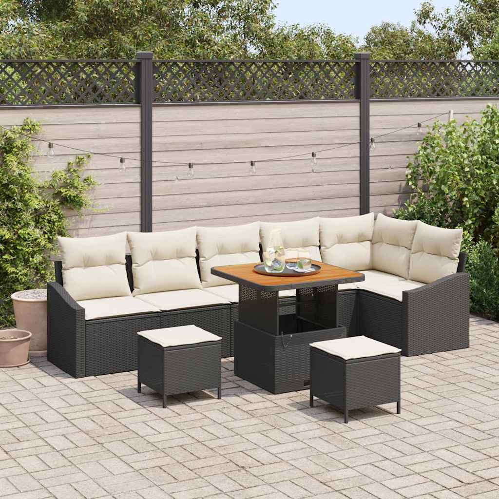 Garten-Sofa-Set mit Kissen 9 pcs Schwarz Poly Rattan