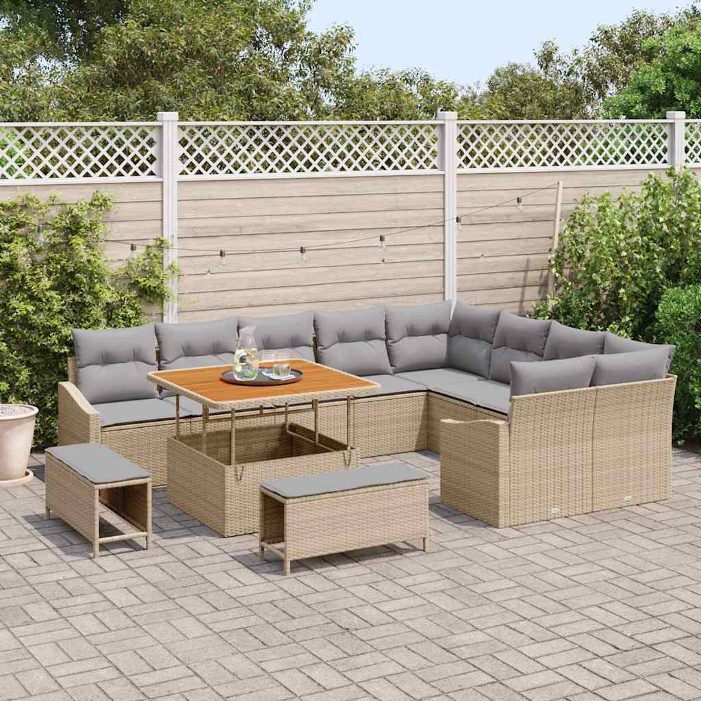 Garten-Sofa-Set mit Kissen 12 pcs Beige Poly Rattan
