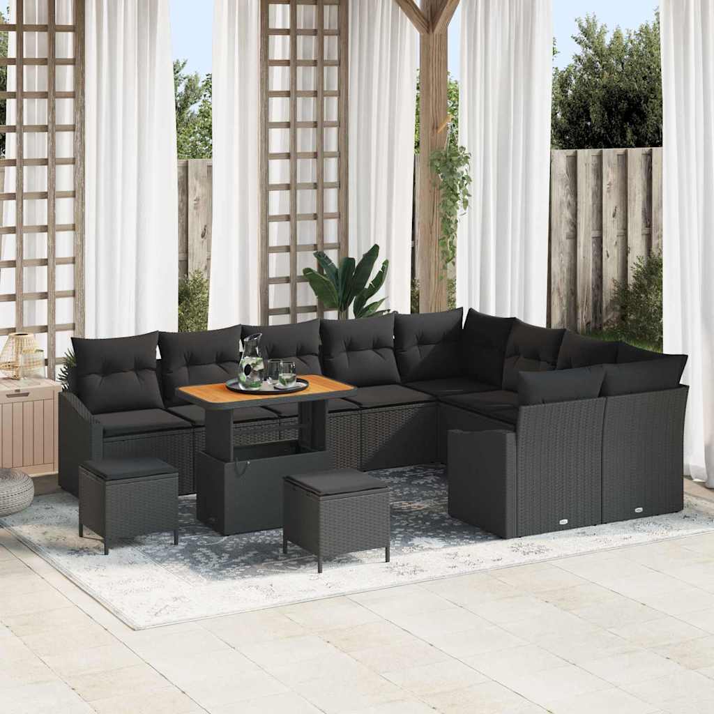 Garten-Sofa-Set mit Kissen 12 pcs Schwarz Poly Rattan