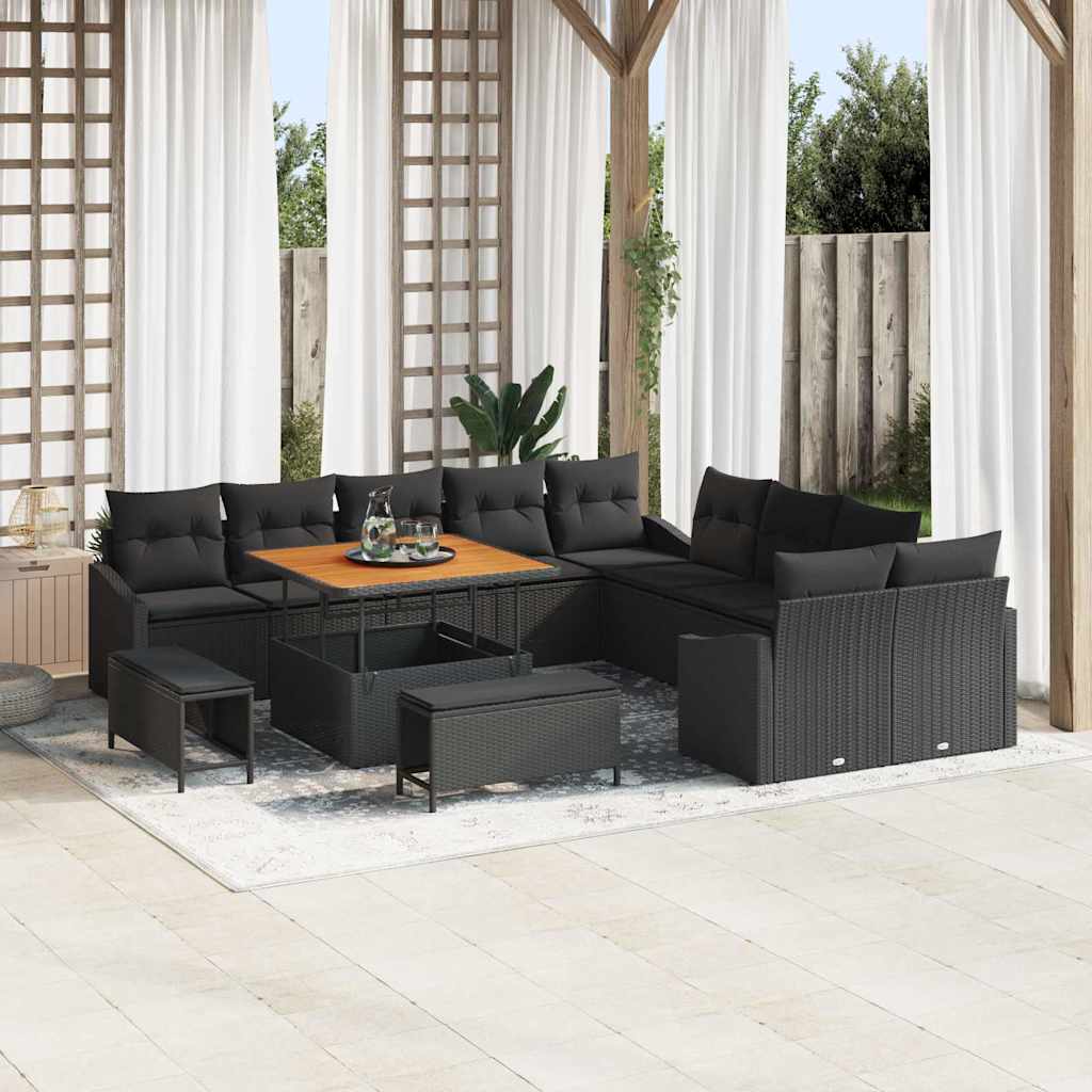 Garten-Sofa-Set mit Kissen 13 pcs Schwarz Poly Rattan