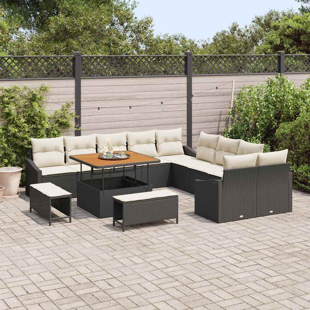 Garten-Sofa-Set mit Kissen 13 pcs Schwarz Poly Rattan