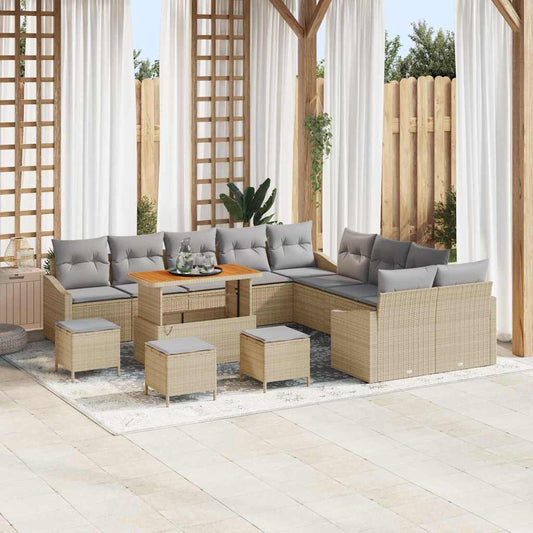 Garten-Sofa-Set mit Kissen 14 pcs Beige Poly Rattan