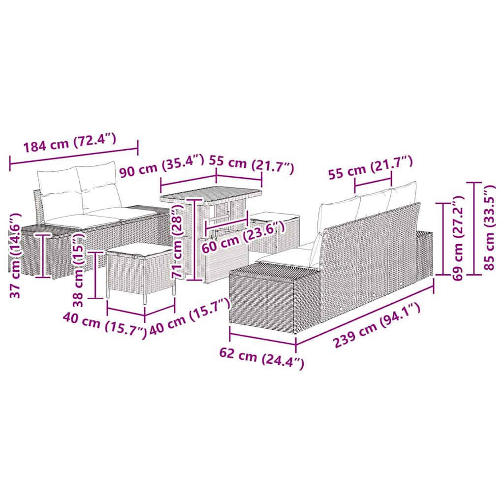 Garten-Sofa-Set mit Kissen 8 pcs Grau Poly Rattan