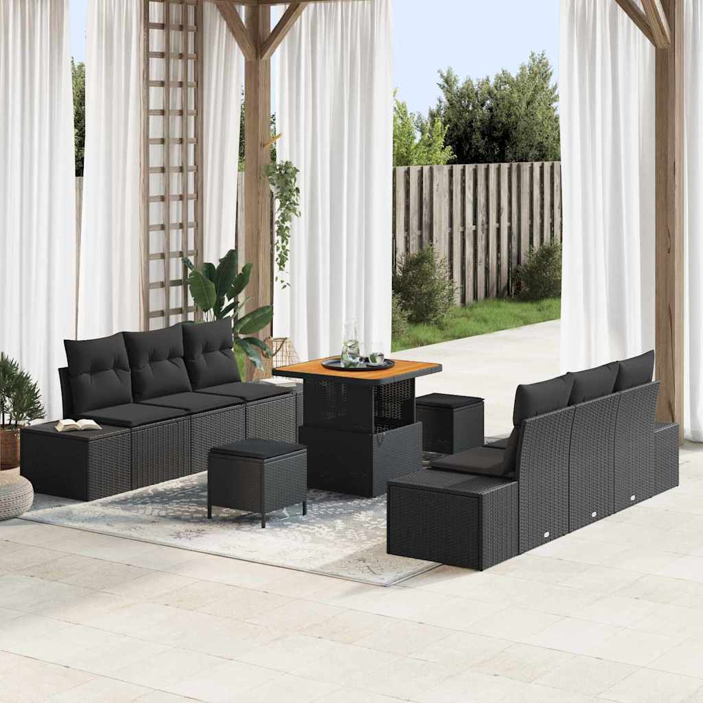 Garten-Sofa-Set mit Kissen 9 pcs Schwarz Poly Rattan