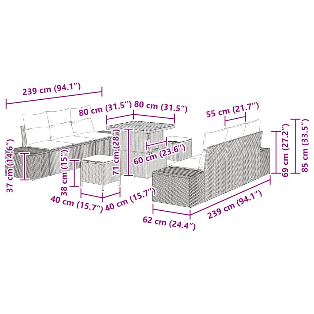 Garten-Sofa-Set mit Kissen 9 pcs Schwarz Poly Rattan