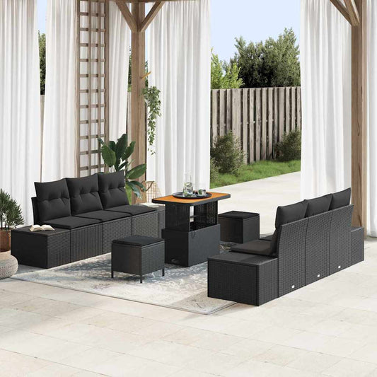 Garten-Sofa-Set mit Kissen 9 pcs Schwarz Poly Rattan