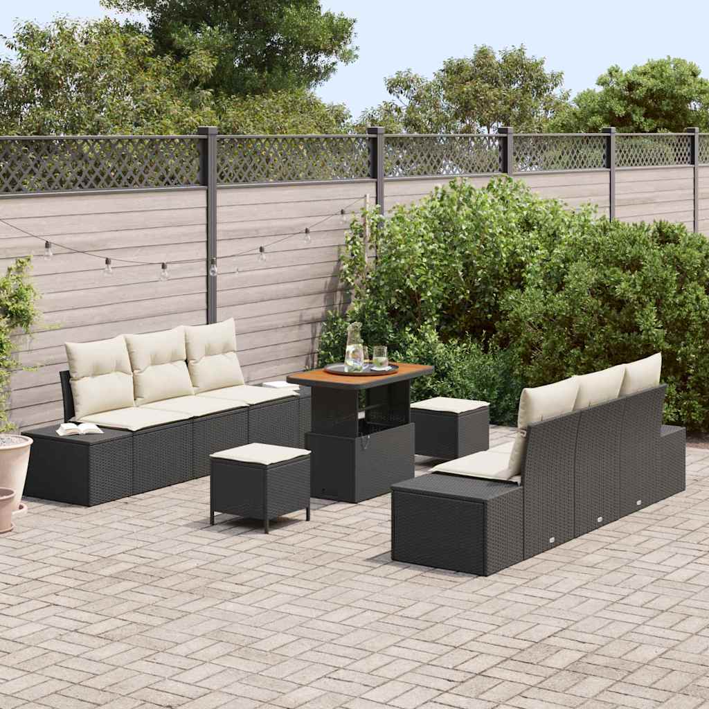 Garten-Sofa-Set mit Kissen 9 pcs Schwarz Poly Rattan