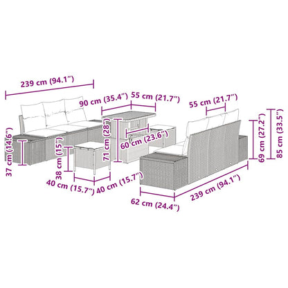 Garten-Sofa-Set mit Kissen 9 pcs Grau Poly Rattan