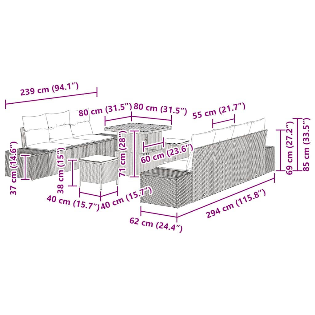 Garten-Sofa-Set mit Kissen 10 pcs Schwarz Poly Rattan