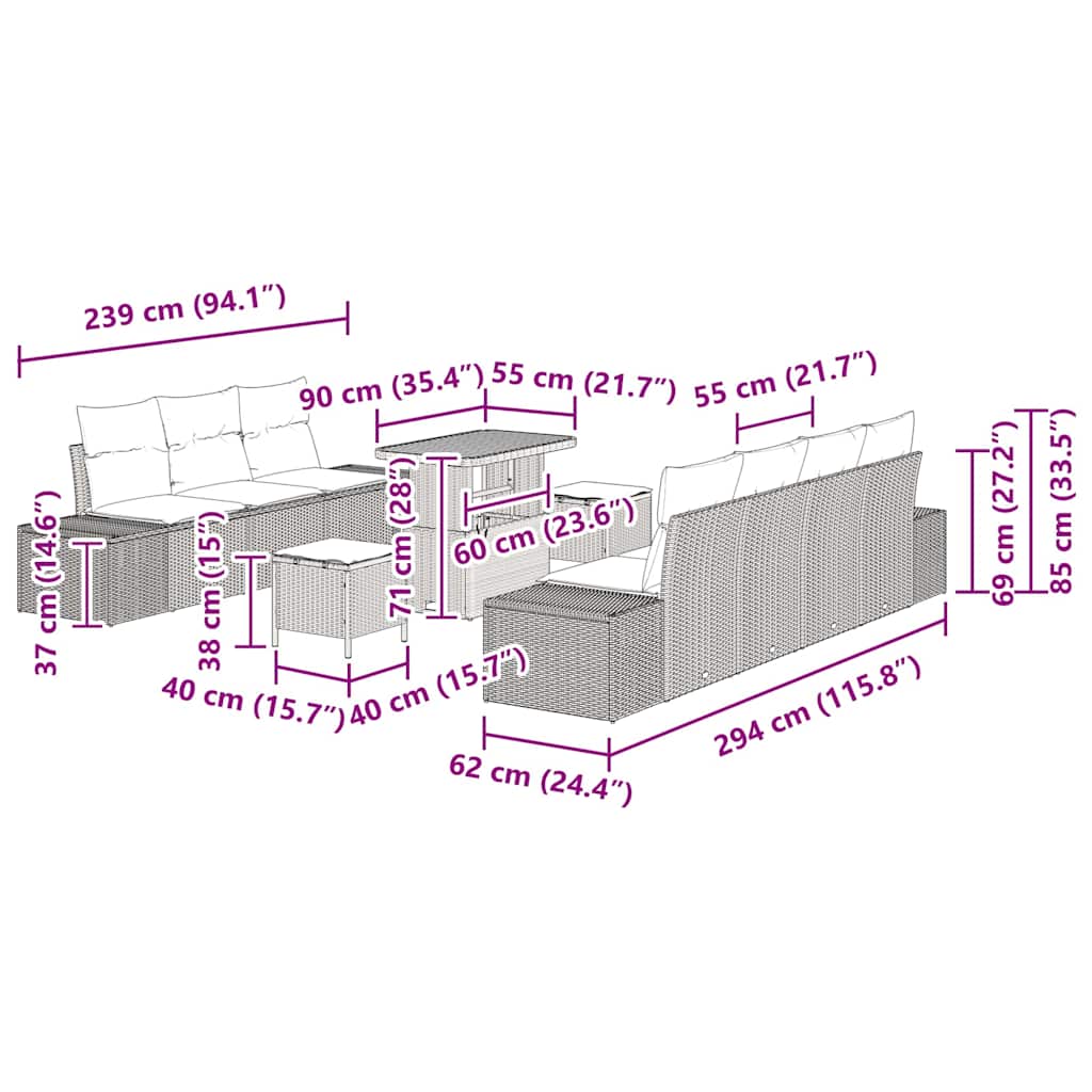 Garten-Sofa-Set mit Kissen 10 pcs Grau Poly Rattan