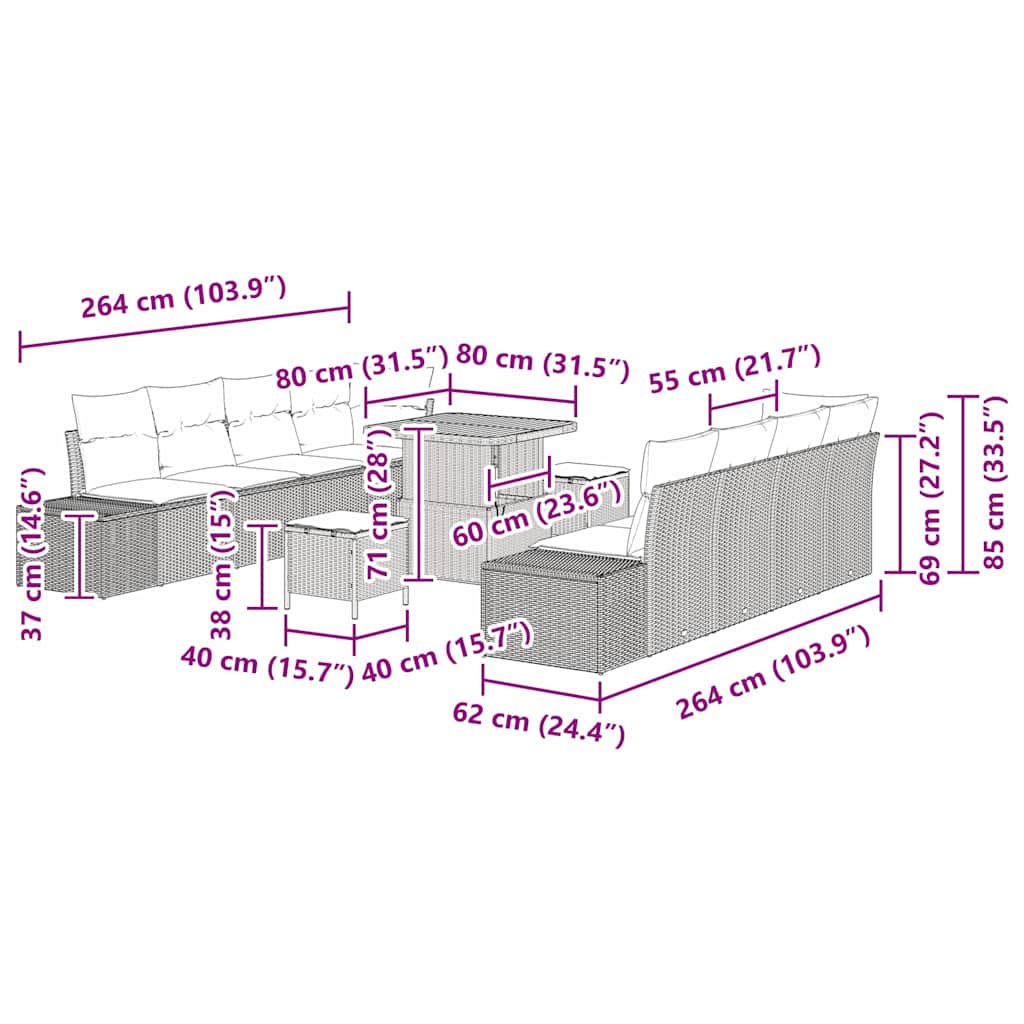 Garten-Sofa-Set mit Kissen 11 pcs Schwarz Poly Rattan
