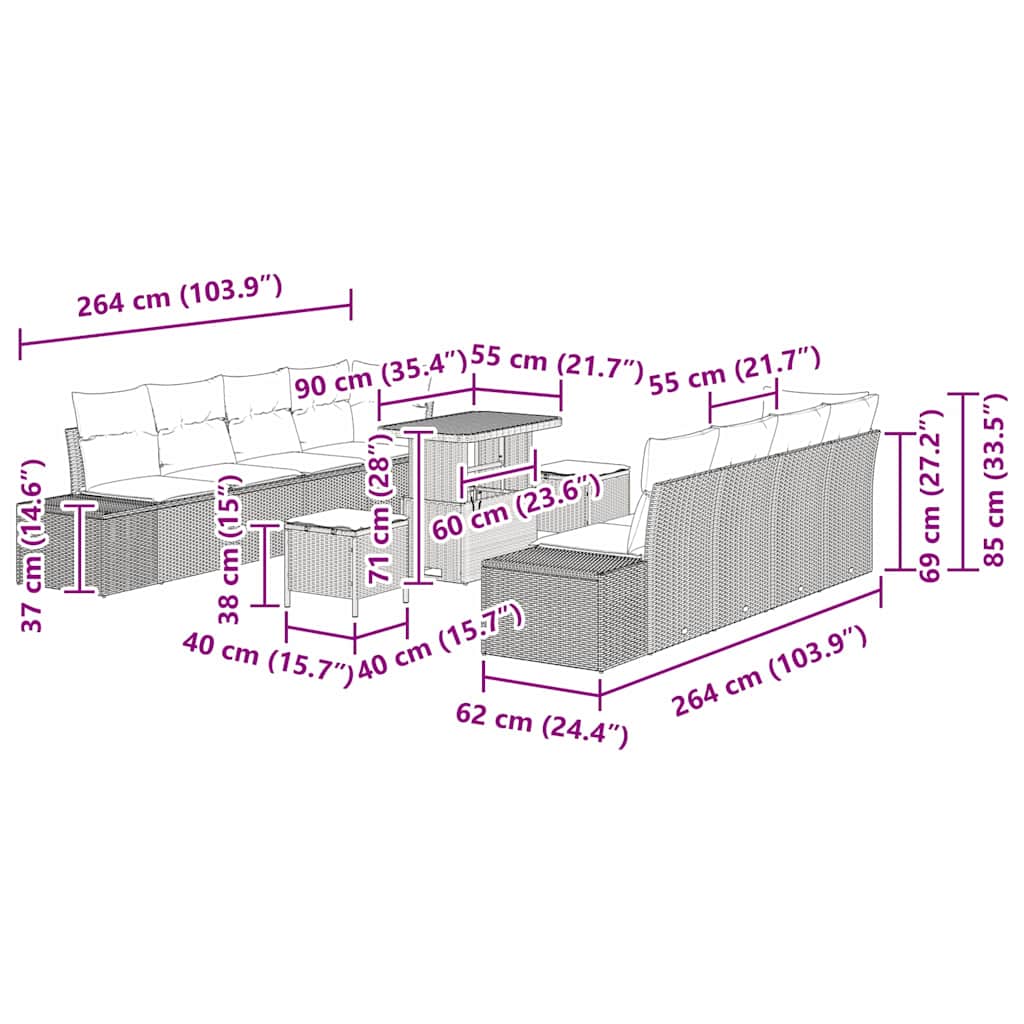 Garten-Sofa-Set mit Kissen 11 pcs Grau Poly Rattan