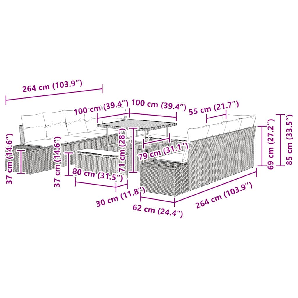 Garten-Sofa-Set mit Kissen 11 pcs Beige Poly Rattan