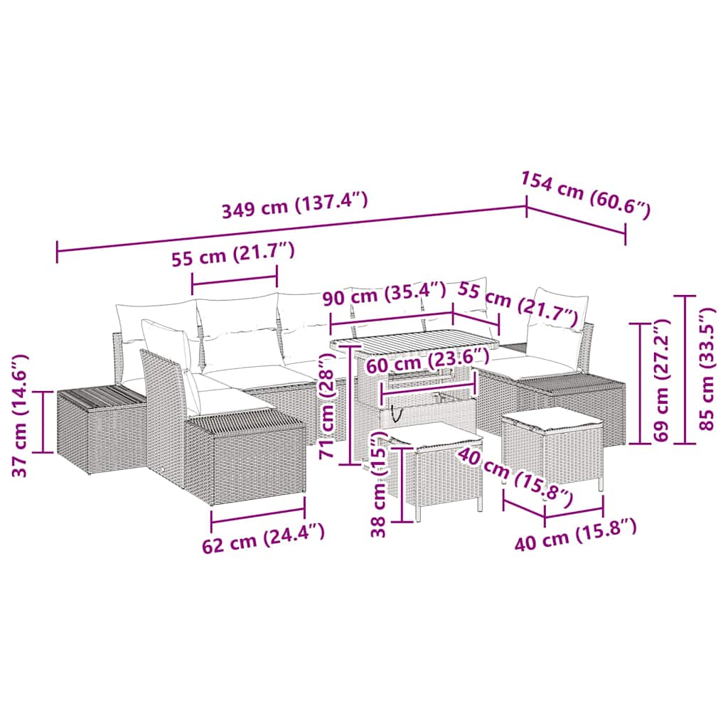 Garten-Sofa-Set mit Kissen 10 pcs Beige Poly Rattan