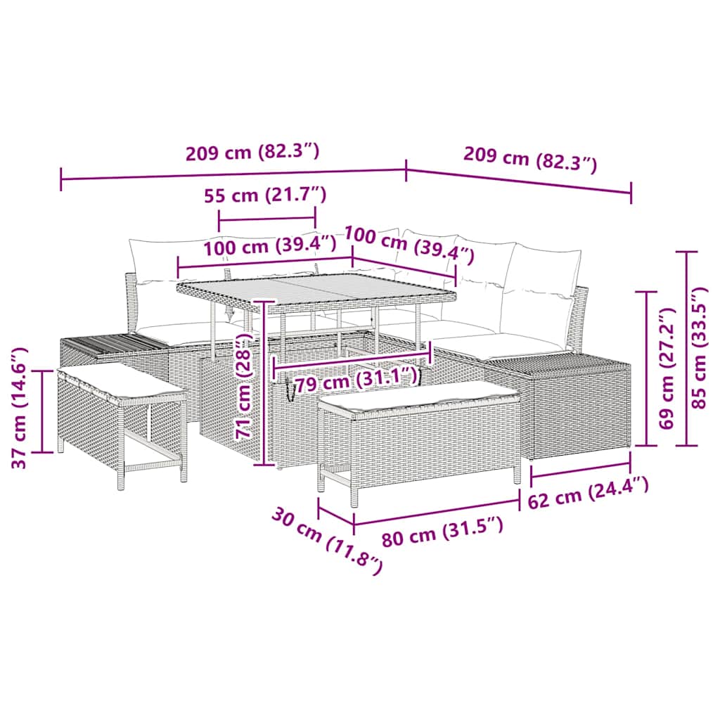 Garten-Sofa-Set mit Kissen 8 pcs Grau Poly Rattan