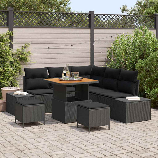 Garten-Sofa-Set mit Kissen 8 pcs Schwarz Poly Rattan