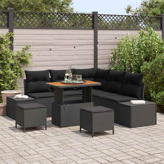 Garten-Sofa-Set mit Kissen 8 pcs Schwarz Poly Rattan