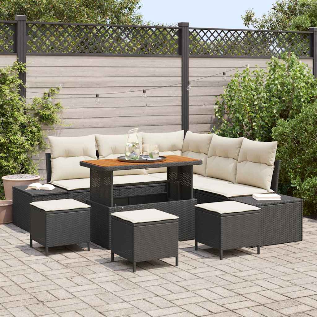 Garten-Sofa-Set mit Kissen 9 pcs Schwarz Poly Rattan