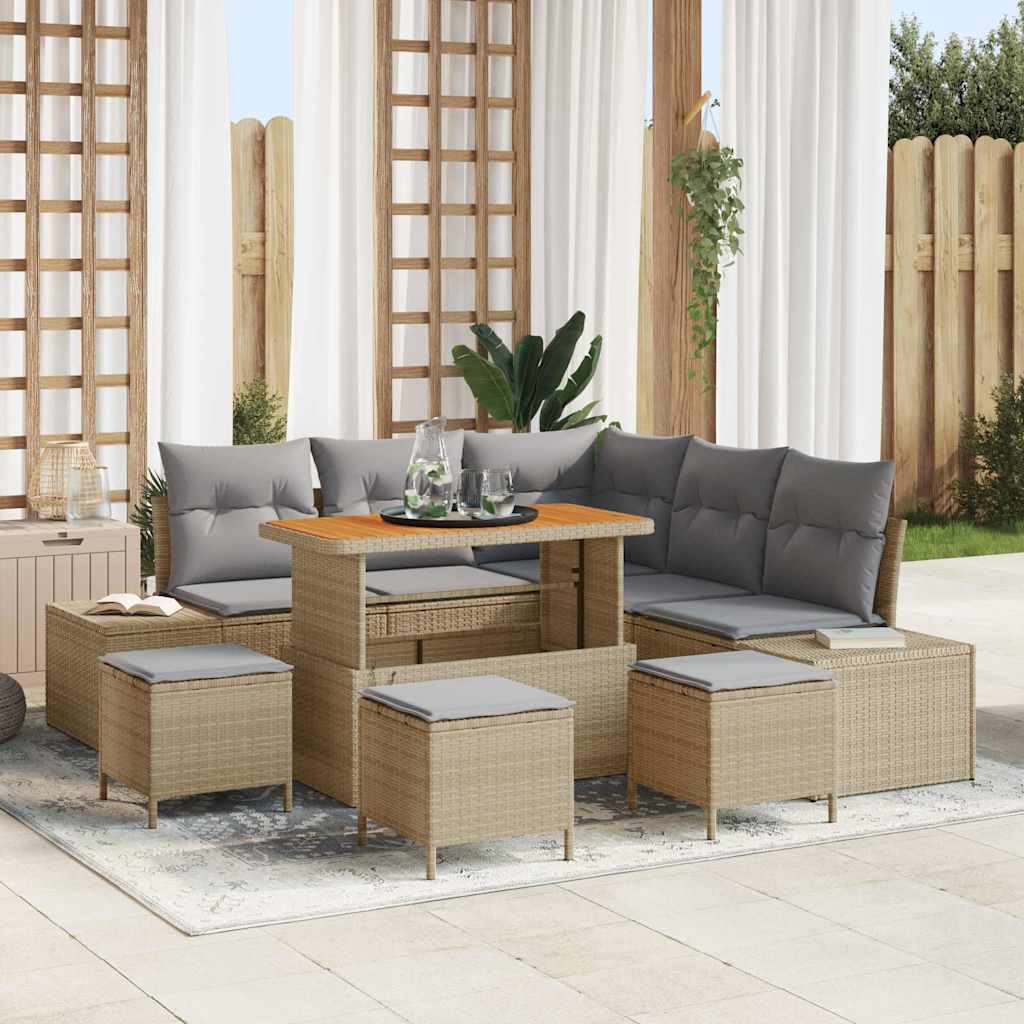Garten-Sofa-Set mit Kissen 9 pcs Beige Poly Rattan