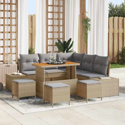 Garten-Sofa-Set mit Kissen 9 pcs Beige Poly Rattan