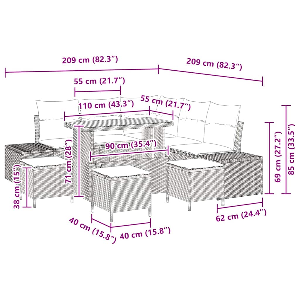 Garten-Sofa-Set mit Kissen 9 pcs Beige Poly Rattan