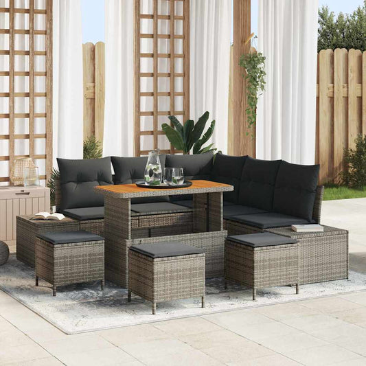 Garten-Sofa-Set mit Kissen 9 pcs Grau Poly Rattan