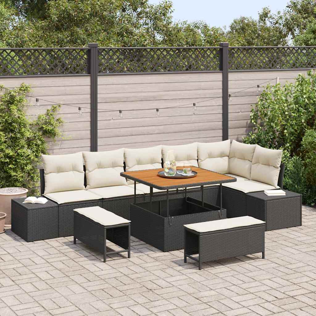 Garten-Sofa-Set mit Kissen 9 pcs Schwarz Poly Rattan
