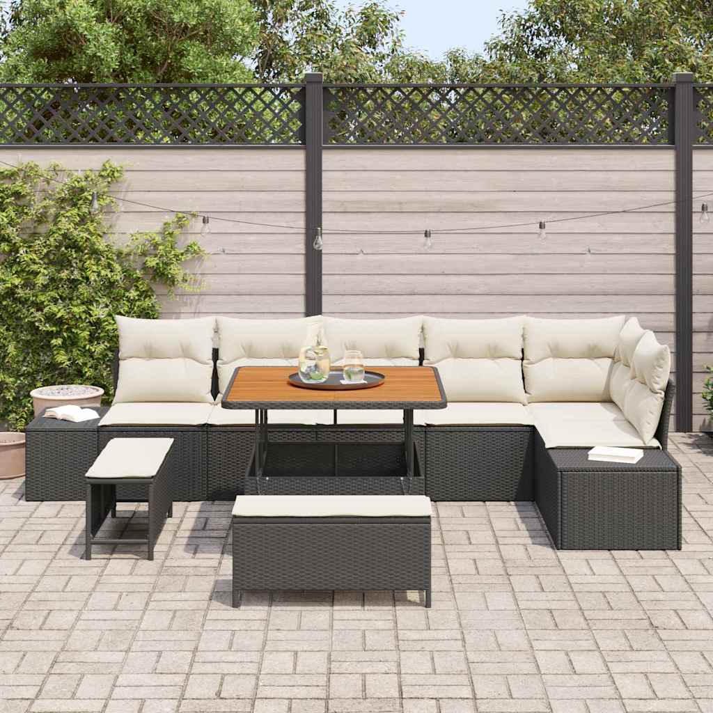 Garten-Sofa-Set mit Kissen 9 pcs Schwarz Poly Rattan