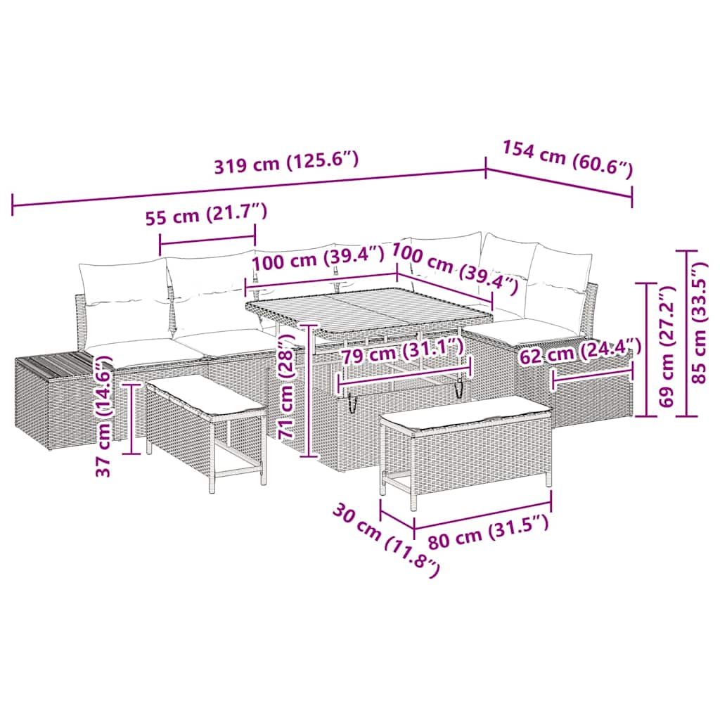 Garten-Sofa-Set mit Kissen 9 pcs Schwarz Poly Rattan