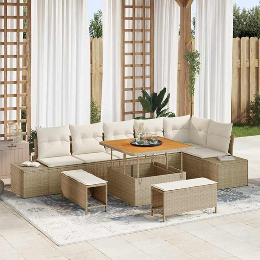 Garten-Sofa-Set mit Kissen 9 pcs Beige Poly Rattan