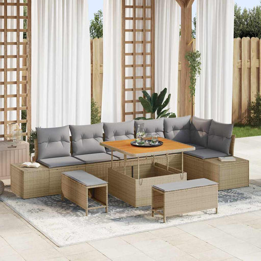 Garten-Sofa-Set mit Kissen 9 pcs Beige Poly Rattan