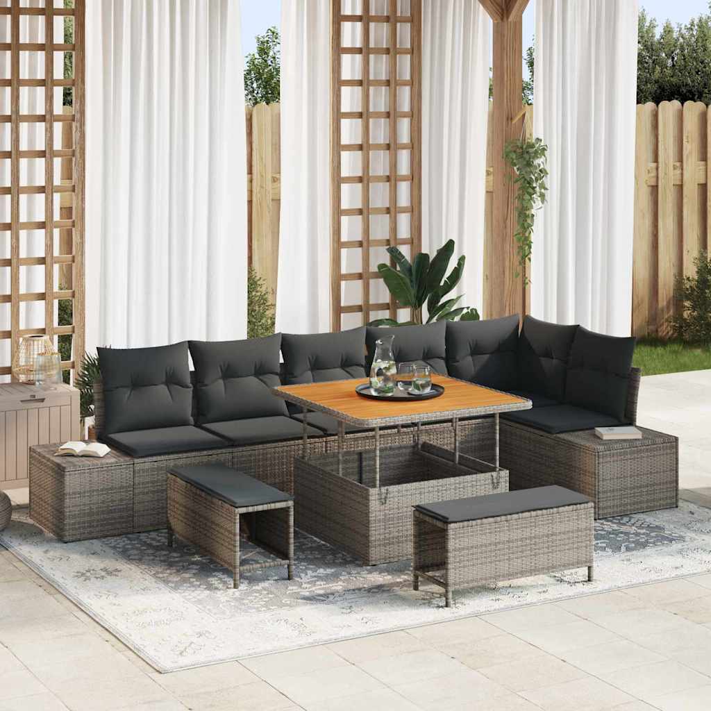 Garten-Sofa-Set mit Kissen 9 pcs Grau Poly Rattan