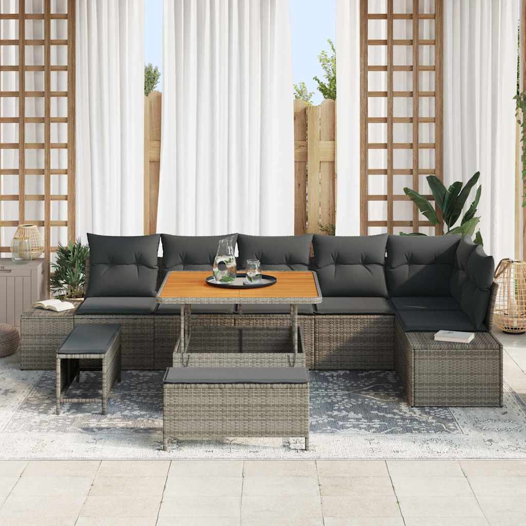 Garten-Sofa-Set mit Kissen 9 pcs Grau Poly Rattan
