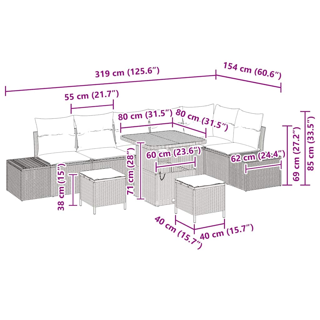 Garten-Sofa-Set mit Kissen 9 pcs Schwarz Poly Rattan
