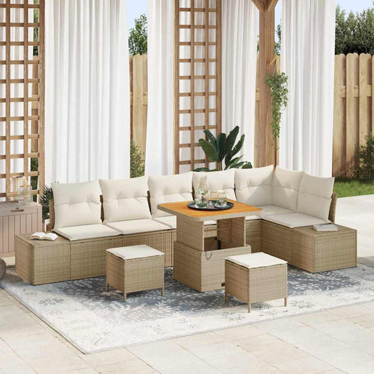 Garten-Sofa-Set mit Kissen 9 pcs Beige Poly Rattan