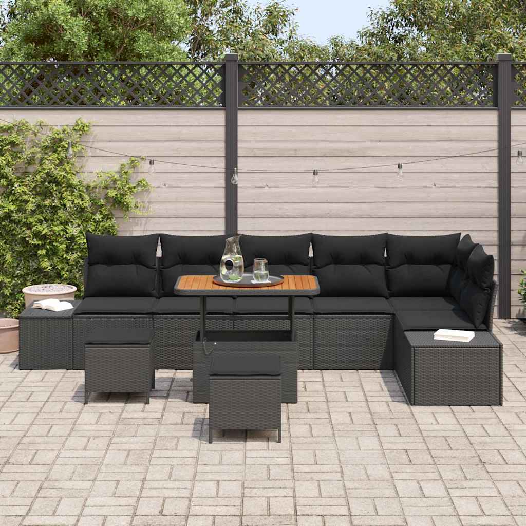 Garten-Sofa-Set mit Kissen 9 pcs Schwarz Poly Rattan