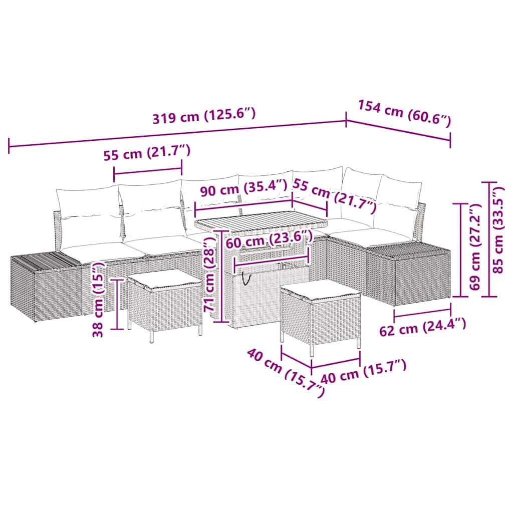 Garten-Sofa-Set mit Kissen 9 pcs Schwarz Poly Rattan