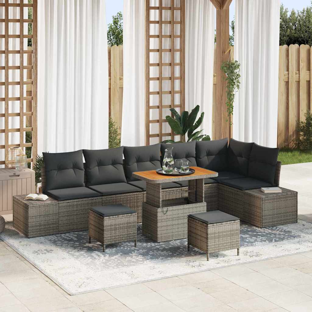 Garten-Sofa-Set mit Kissen 9 pcs Grau Poly Rattan