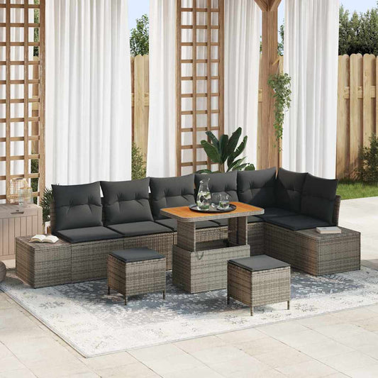 Garten-Sofa-Set mit Kissen 9 pcs Grau Poly Rattan