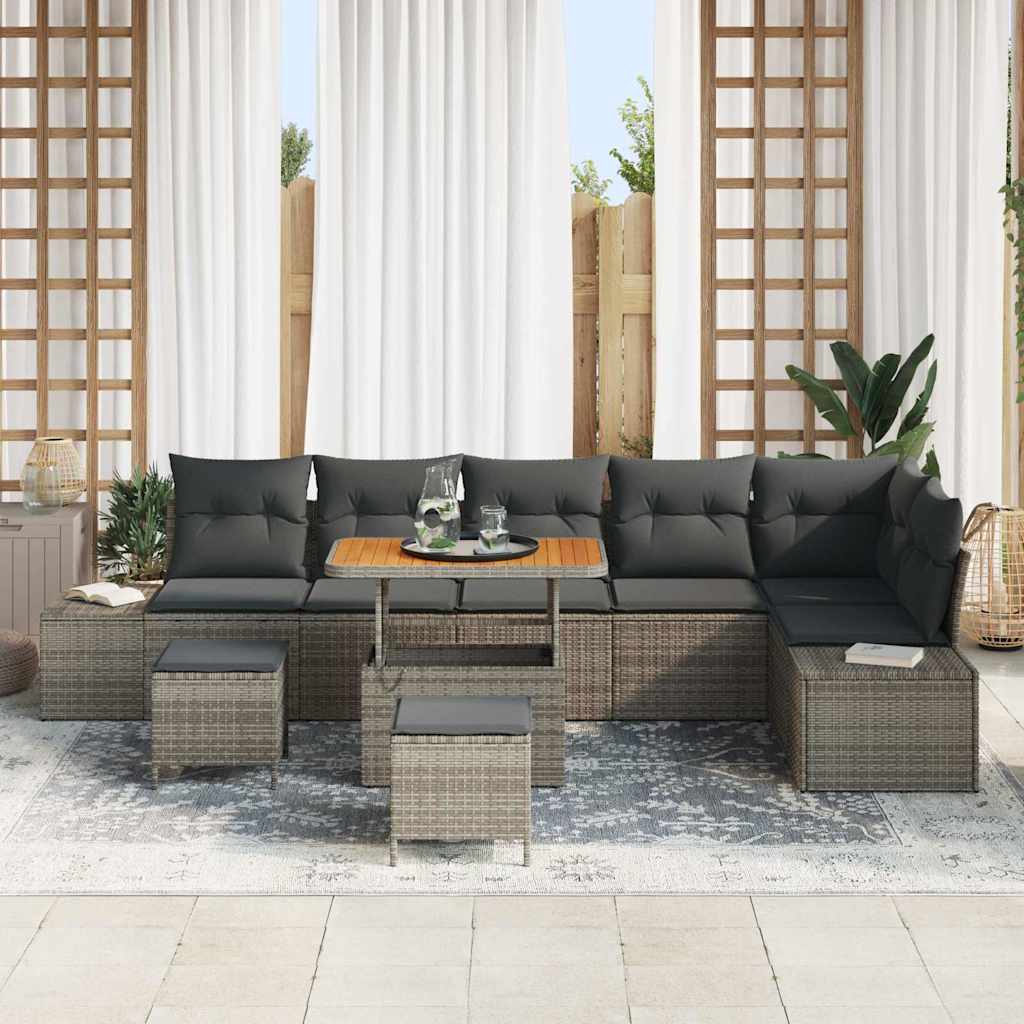 Garten-Sofa-Set mit Kissen 9 pcs Grau Poly Rattan