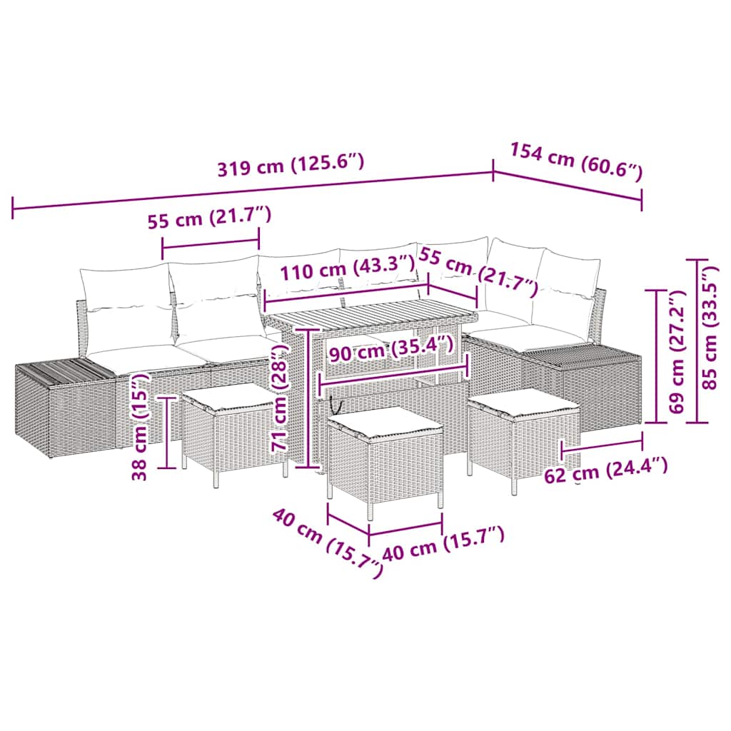 Garten-Sofa-Set mit Kissen 10 pcs Grau Poly Rattan