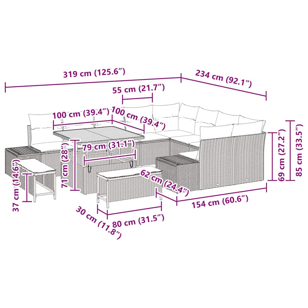 Garten-Sofa-Set mit Speicher 12 pcs Schwarz Poly Rattan