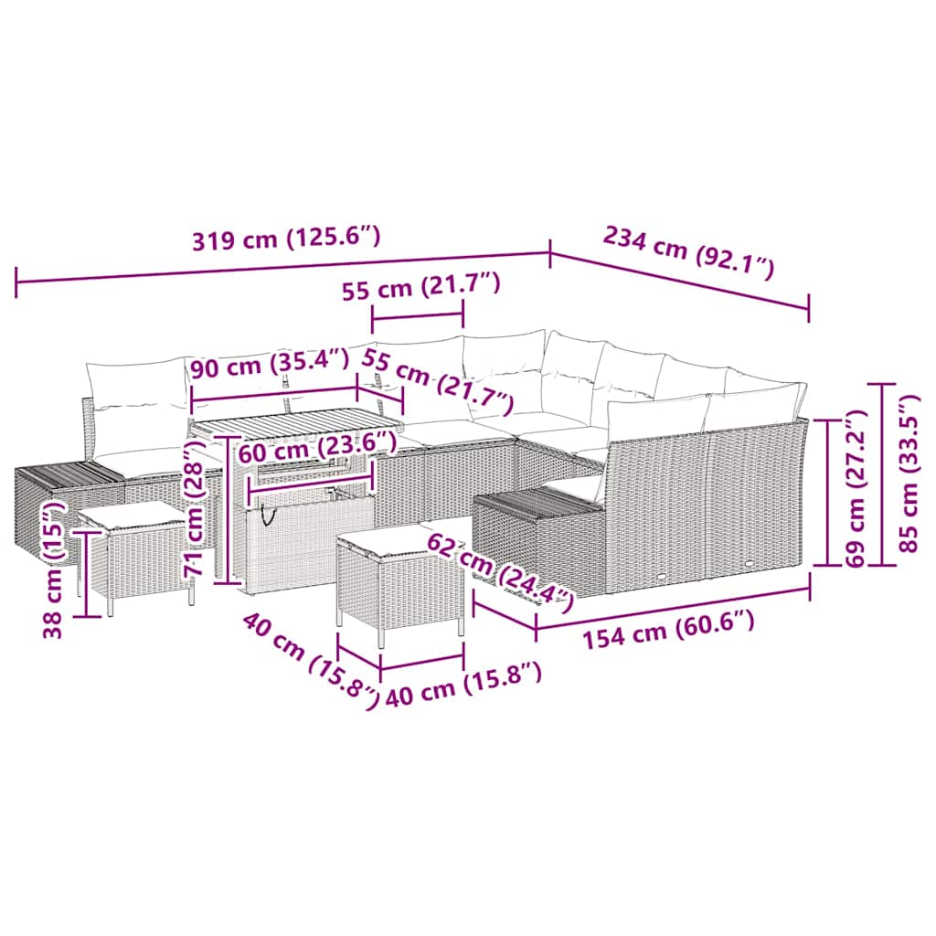 Garten-Sofa-Set mit Speicher 12 pcs Grau Poly Rattan