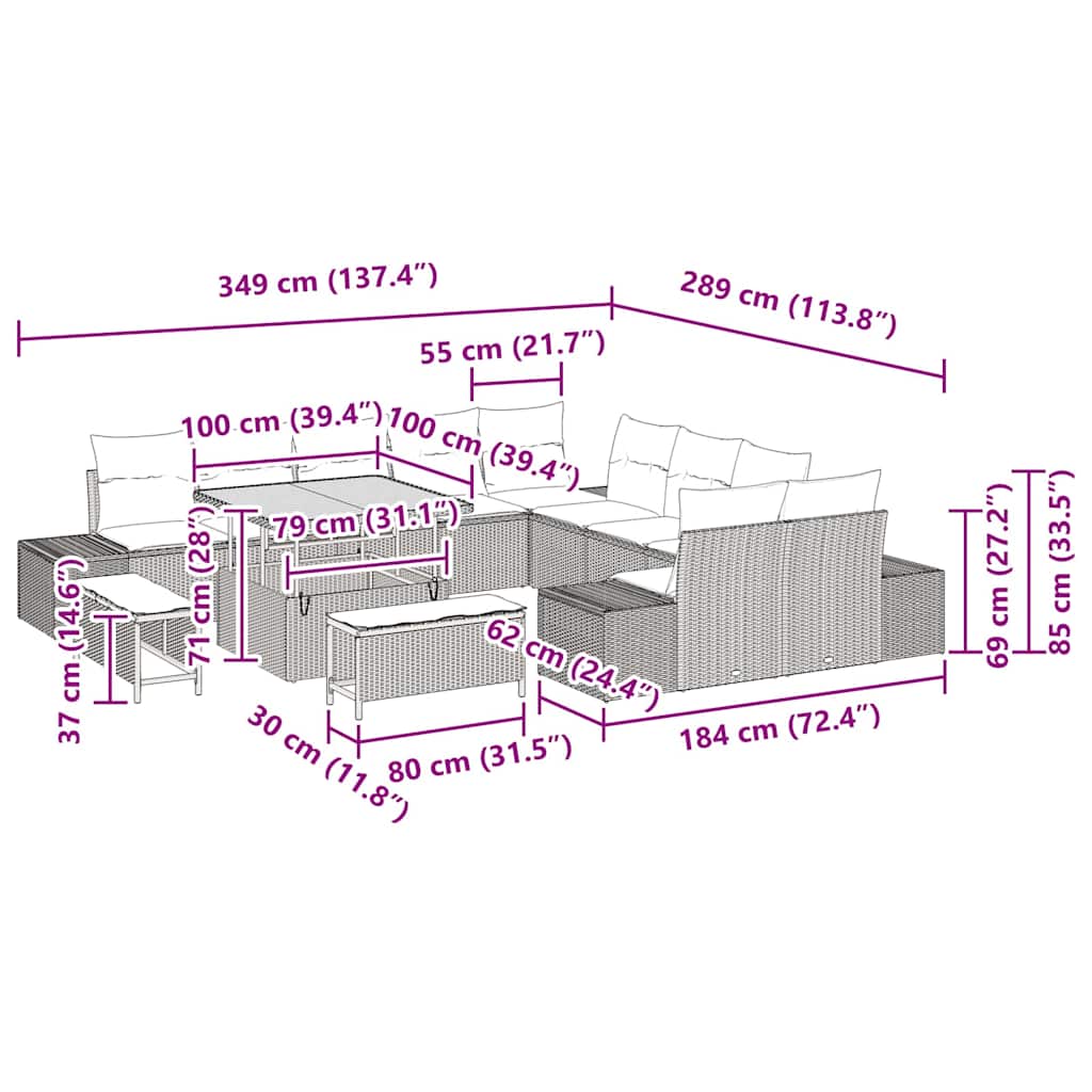 Garten-Sofa-Set mit Kissen 13 pcs Grau Poly Rattan
