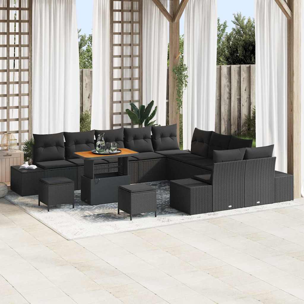 Garten-Sofa-Set mit Kissen 13 pcs Schwarz Poly Rattan