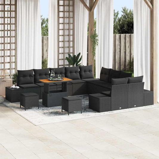 Garten-Sofa-Set mit Kissen 13 pcs Schwarz Poly Rattan